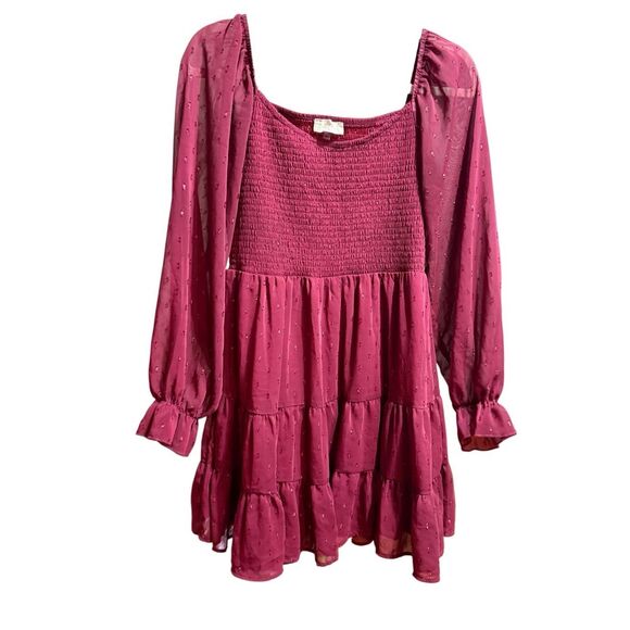 Altar'd State Dresses & Skirts - Altar’d State Women’s Vibrant Burgundy Babydoll Tiered Long Sleeve Dress Sparkle
